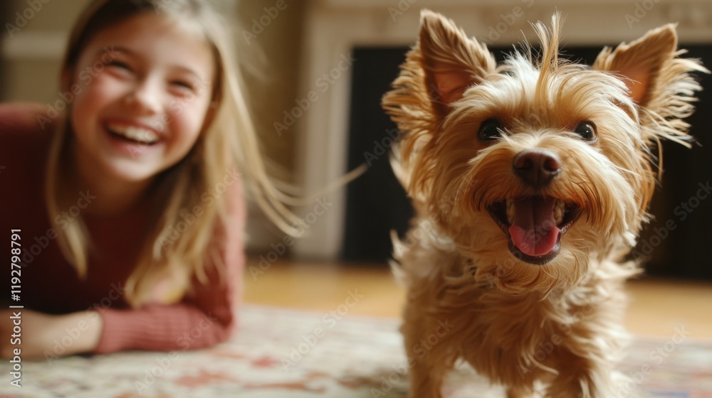 A girl laughing as her lively Yorkie chases its tail on a rug A girl laughing as her lively Yorkie chases its tail on a rug