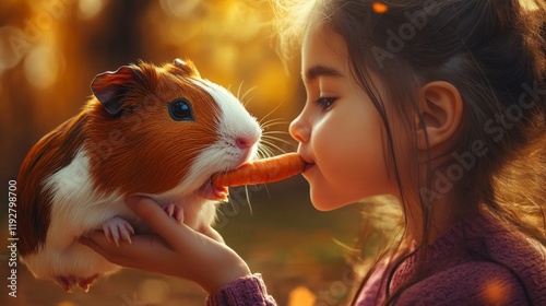 A girl feeding her soft guinea pig a piece of carrot 