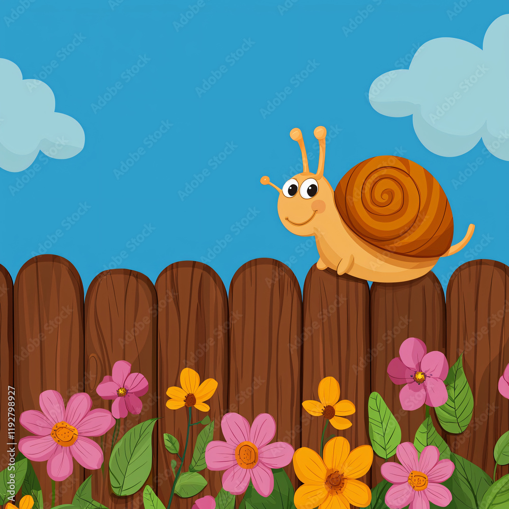 Fototapeta premium Cheerful Snail on Wooden Fence with Blooming Flowers