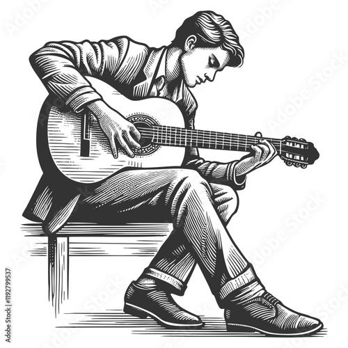 man in a suit playing an acoustic guitar, classic music and vintage design sketch engraving generative ai fictional character vector illustration. Scratch board imitation. Black and white image.