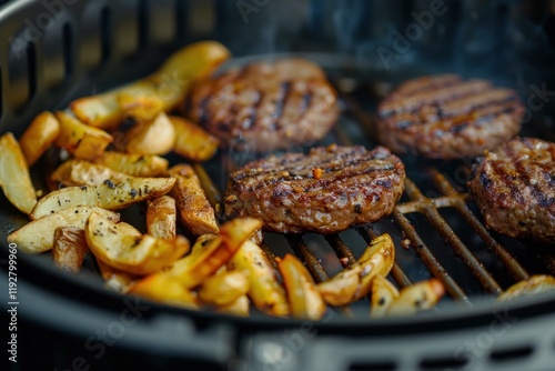 Juicy beef patties and slices of potato grilling on a barbecue to prepare a tasty meal for a summer outdoor lunch photo