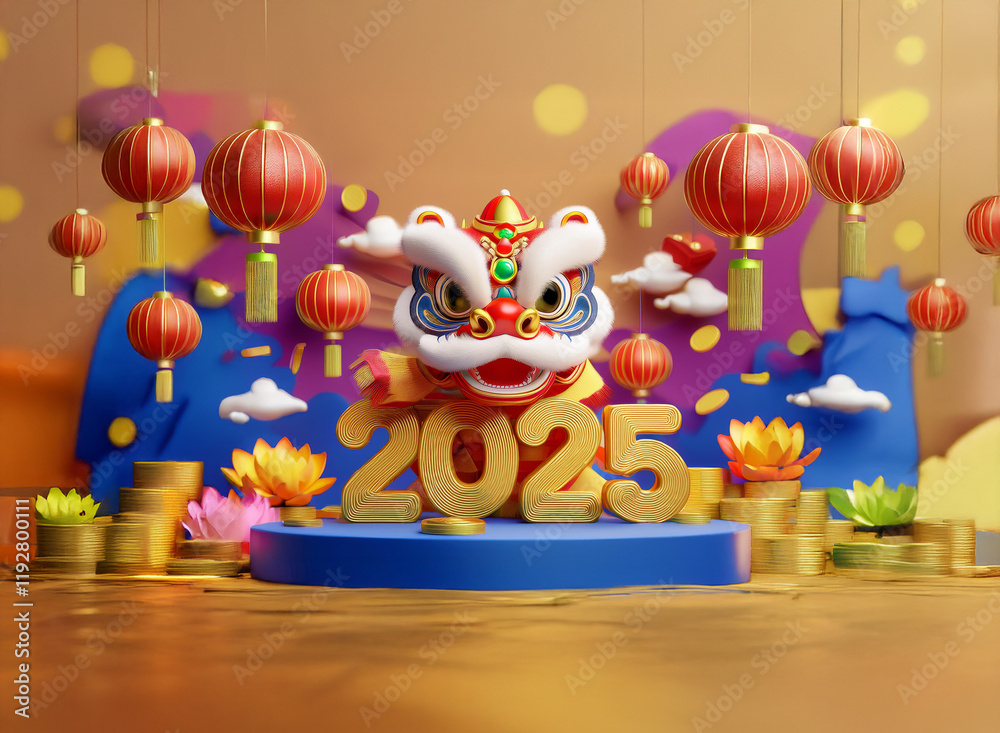 Obraz premium A cute lion dance costume celebrates the new year 2025, surrounded by vibrant lanterns, lotus flowers, and gold coins, creating a festive and auspicious atmosphere.