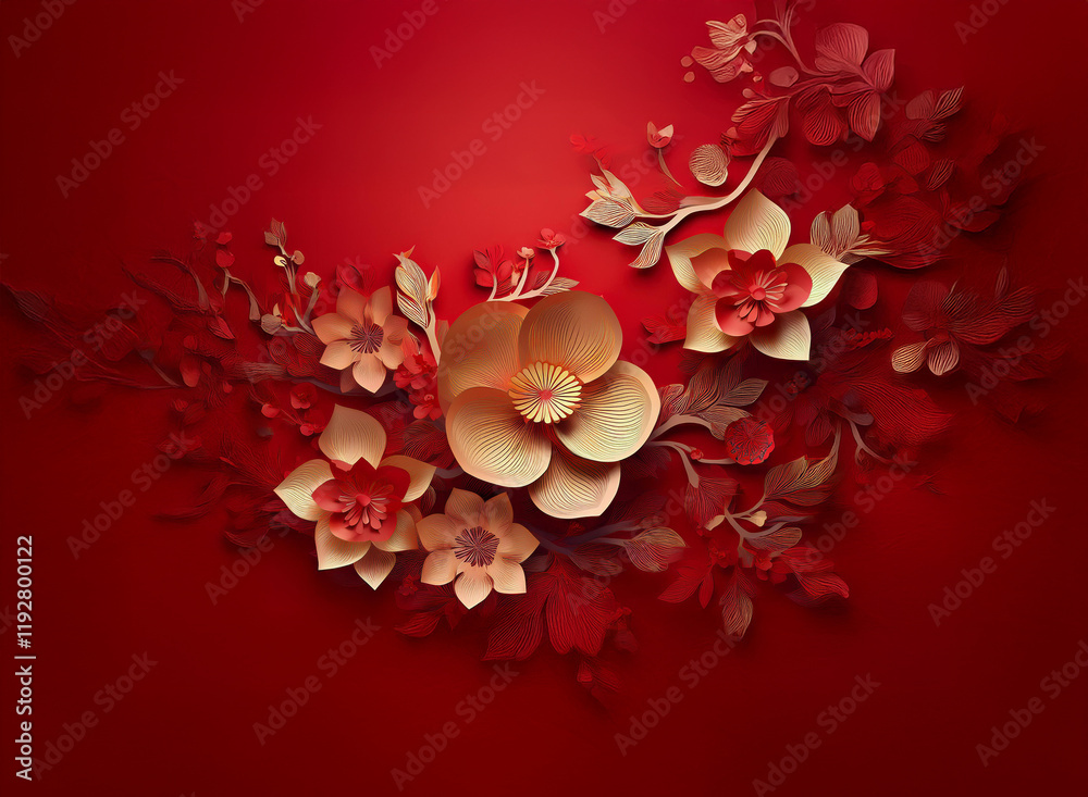 Obraz premium Elegant paper flowers in warm peach and red hues arranged on a rich red background. The design is intricate and features various blossoms and leaves.