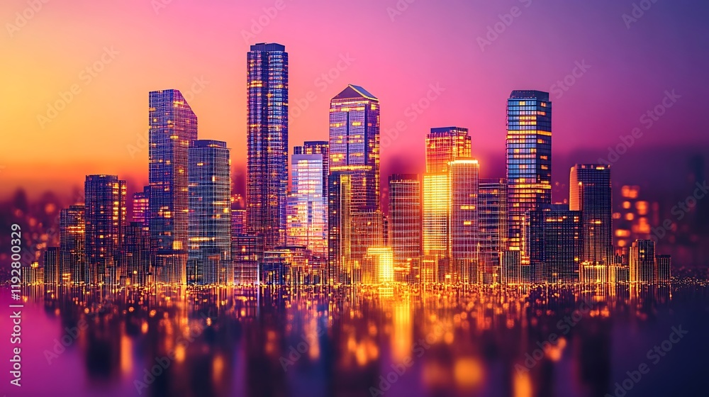 Obraz premium Vibrant city skyline at sunset urban landscape photography aerial view