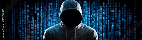 Mysterious figure in a hoodie with digital background.