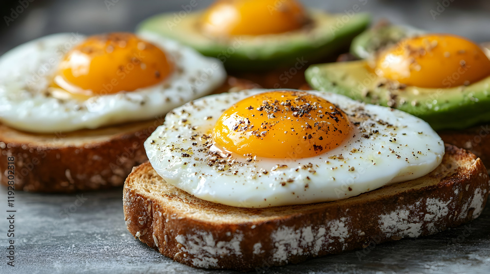 Close-up of fried eggs and avocado slices on toasted bread, a healthy and delicious breakfast Close-up of fried eggs and avocado slices on toasted bread, a healthy and delicious breakfast