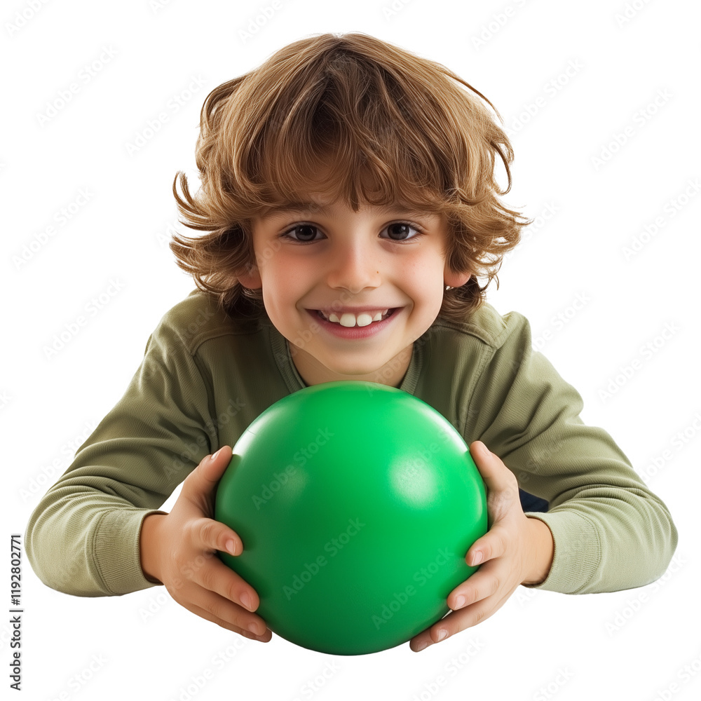 Playful young boy with green ball isolated on transparent background Playful young boy with green ball isolated on transparent background