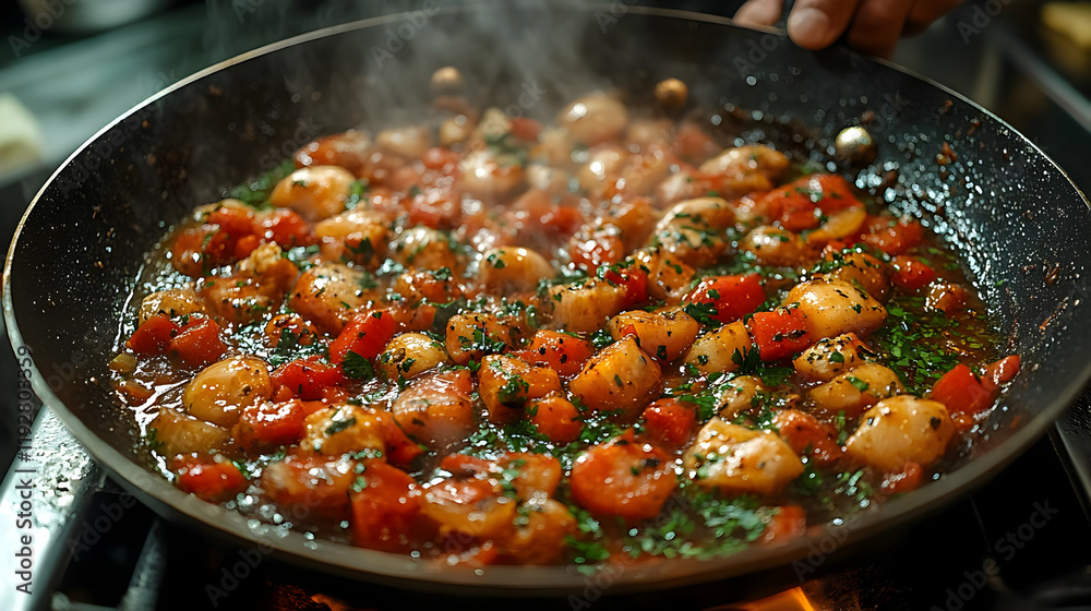 Close-up of sizzling scallops with tomatoes and parsley in a pan, culinary arts