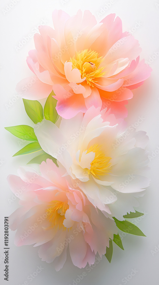 Fototapeta premium Delicate Pastel Peony Blossoms with Soft Petals and Green Leaves