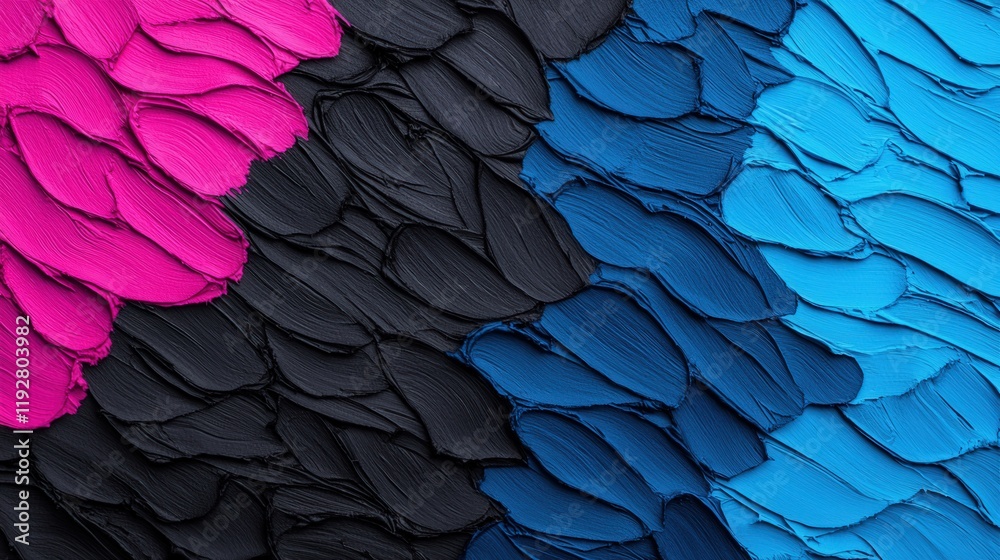 Obraz premium Black background wallpaper gradient and sophisticated, A vibrant close-up of textured scales featuring shades of pink, black, and blue, showcasing intricate patterns and colors.