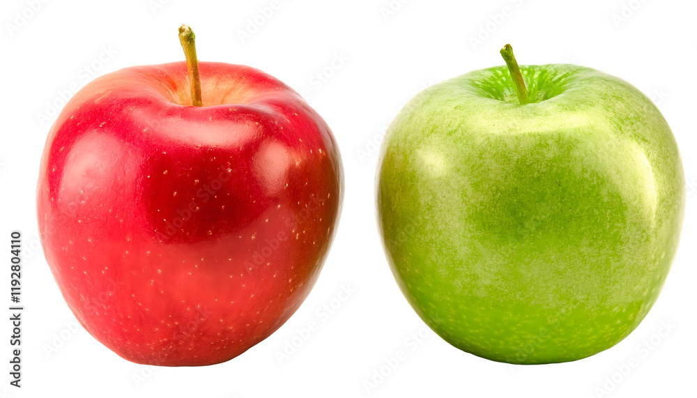Juicy red and green apples side by side on a pristine background, perfect for illustrating contrasts, nutrition, and health-related concepts. Isolated on white background Juicy red and green apples side by side on a pristine background, perfect for illustrating contrasts, nutrition, and health-related concepts. Isolated on white background