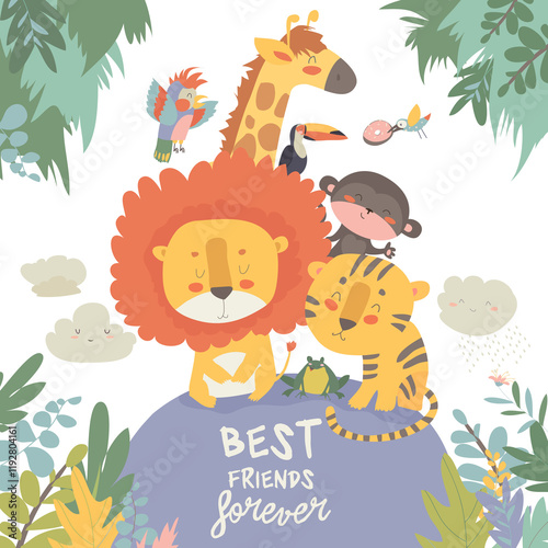 Photography Happy jungle animals. Best friends. Vector illustration