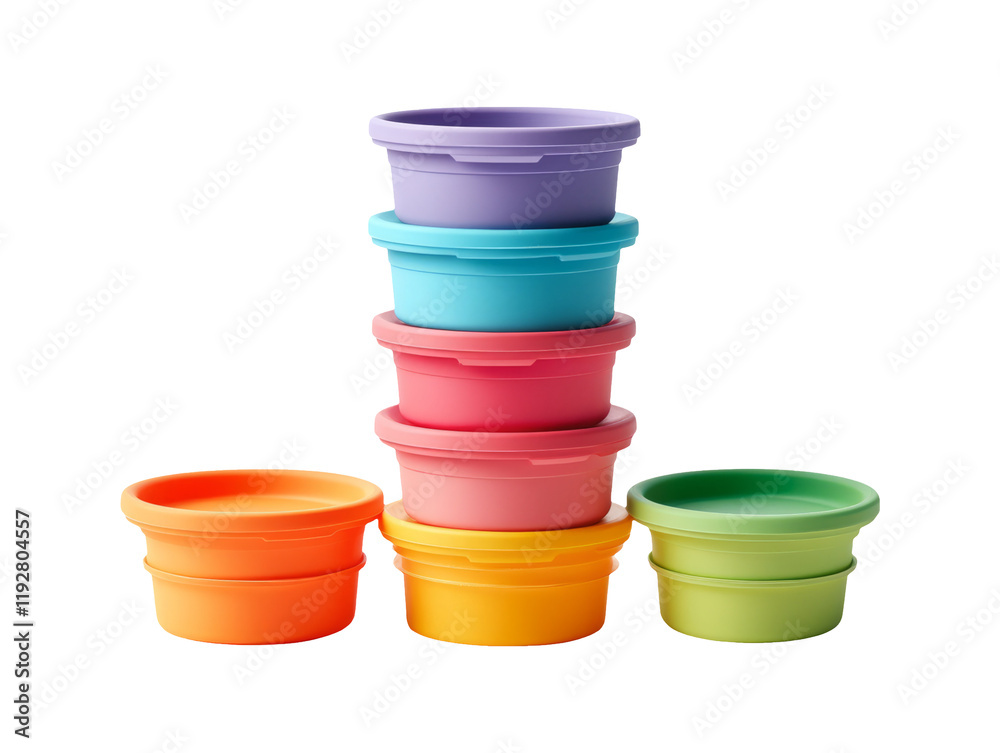 Colorful Baby Food Containers in 3D Plasticine Style on White Background Colorful Baby Food Containers in 3D Plasticine Style on White Background