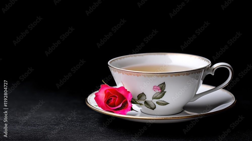 Fototapeta premium Elegant porcelain teacup with rose design on saucer, single red beside cup