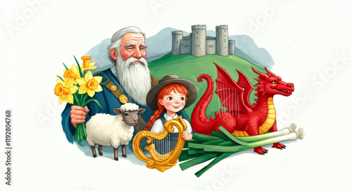 Characters and objects representative of St. David's Day and Welsh culture photo