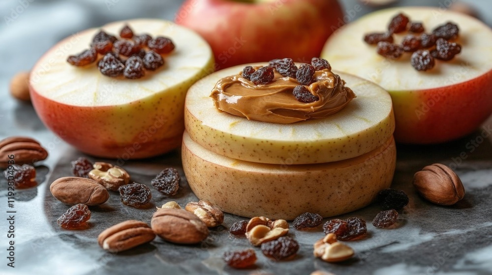 Closeup of Sliced Apples Topped with Peanut Butter and Raisins, Surrounded by Nuts Closeup of Sliced Apples Topped with Peanut Butter and Raisins, Surrounded by Nuts