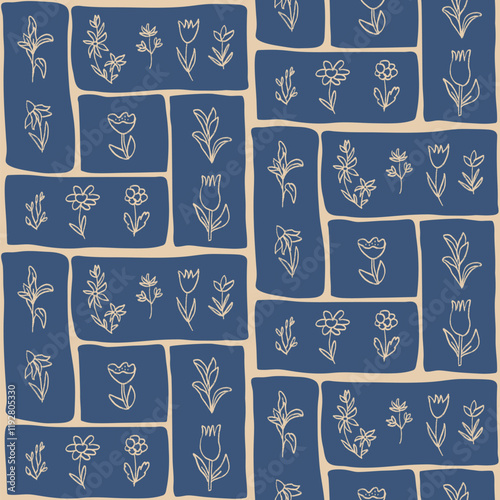 Flowers crayon drawn seamless pattern. Floral allover background. Line art stroke botany modular repeat backdrop. Surface pattern bento box design spring motif. Vector hand drawn illustration.