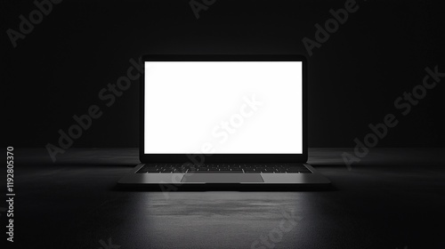 laptop with blank white screen, minimalist setup, dark room, high contrast, sleek design, glowing display, reflective surface, dramatic lighting, black and white aesthetic, modern technology