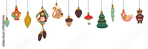 banner Christmas balls. Soviet toys. A banner for decorating a Christmas tree, Christmas balls on a white. Forest. Squirrel, fir tree, mushroom, cone. The holiday decoration template. Horizontal