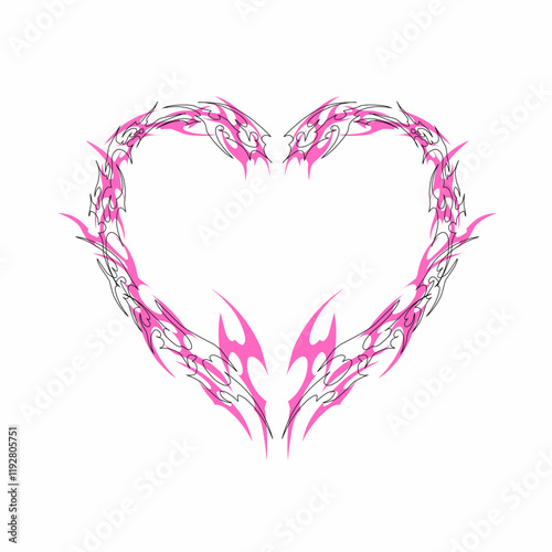 Neo tribal y2k heart shapes abstract pink black symmetric vector design for tattoo element, t-shirt print apparel decoration