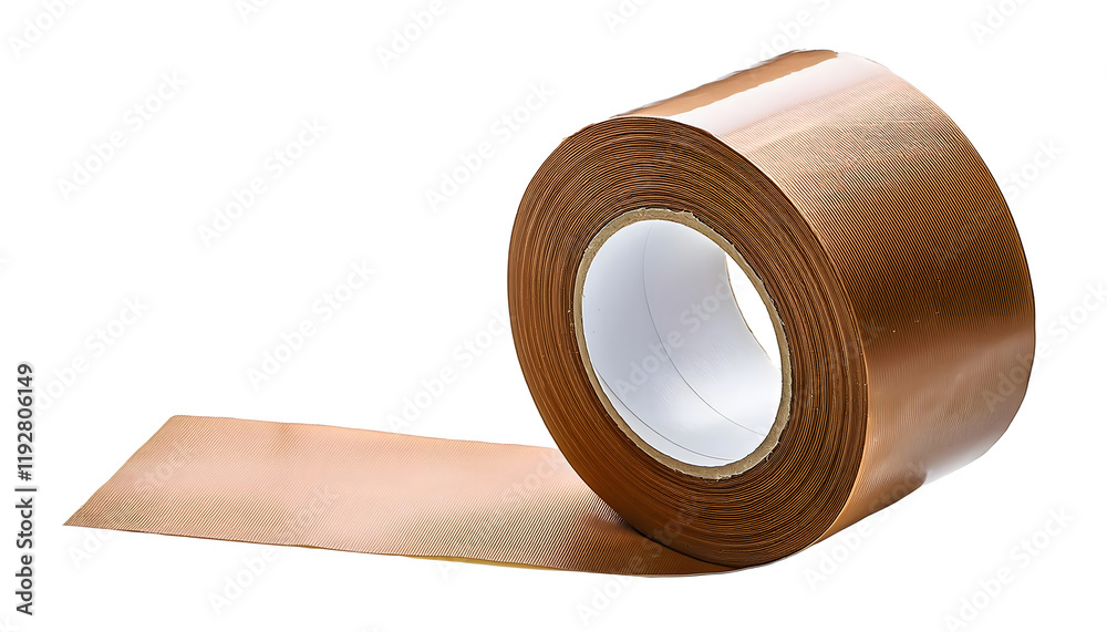 Close-up of a roll of brown adhesive tape with a partial strip extended, isolated against a white background, suitable for packaging, crafting, or other practical applications. Isolated on white backg Close-up of a roll of brown adhesive tape with a partial strip extended, isolated against a white background, suitable for packaging, crafting, or other practical applications. Isolated on white backg