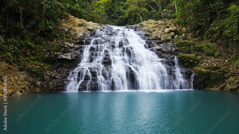Obraz premium Serene Waterfall Cascading into Emerald Pool Lush Tropical Rainforest Landscape