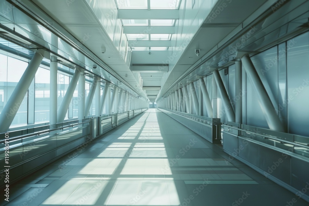 Fototapeta premium Empty modern glass and steel skyway with sunlight creating strong shadows on the floor
