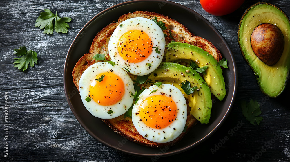 Close-up overhead shot of a plate of delicious avocado toast topped with three perfectly poached eggs, sprinkled with black pepper. The toast is serve Close-up overhead shot of a plate of delicious avocado toast topped with three perfectly poached eggs, sprinkled with black pepper. The toast is serve