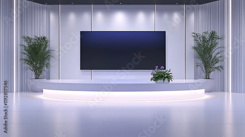 A modern virtual TV studio background with white walls and large tv screen for daytime talk shows. The overall design is minimalistic and inviting with two plants and a few emerald, sapphire and amyt