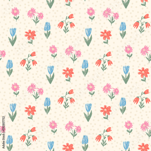 Wallpaper Mural Flowers crayon drawn seamless pattern. Floral allover background. Line art stroke botany repeat backdrop. Surface pattern design spring motif. Vector hand drawn illustration. Torontodigital.ca