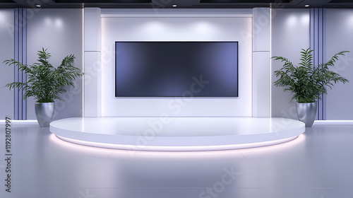 A modern virtual TV studio background with white walls and large tv screen for daytime talk shows. The overall design is minimalistic and inviting with two plants and a few emerald, sapphire and amyt