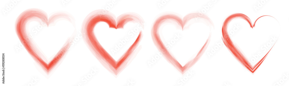 Fototapeta premium Set of red hearts shaped smoke effect, sign of love, smoke hearts, love. Red waves of smoke from hot drink, coffee, cigarettes, tea or food. Mockup of fog with swirls. PNG.
