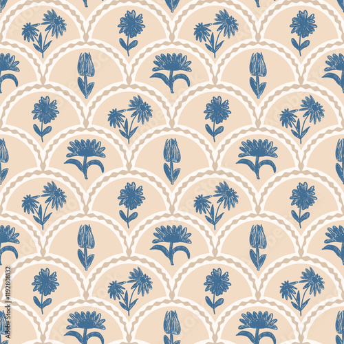 Flowers crayon drawn seamless pattern. Floral allover background. Stylized botany scallop repeat backdrop. Surface pattern design spring motif. Vector hand drawn illustration.