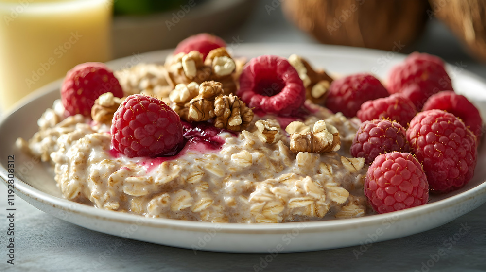 Creamy Oatmeal with Raspberries and Walnuts for a Healthy and Delicious Breakfast Creamy Oatmeal with Raspberries and Walnuts for a Healthy and Delicious Breakfast