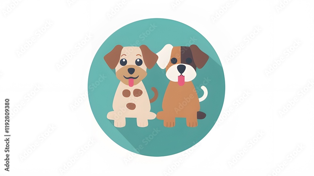 Fototapeta premium Cute Minimalistic Vector Illustration of Two Happy Dogs Sitting Together with Teal Background. Simple Shapes and Lines for Pet Icon Design.