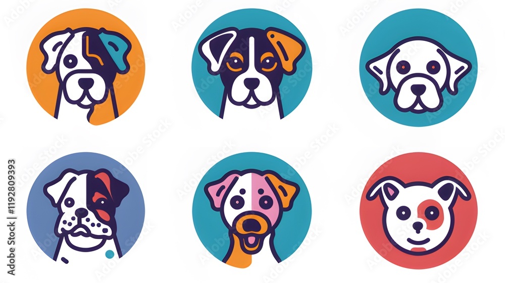Fototapeta premium Colorful Vector Icons Set Featuring Various Dog Breeds and Unique Creatures in Circular Design. Bold and Flat Style for App Interface Use.
