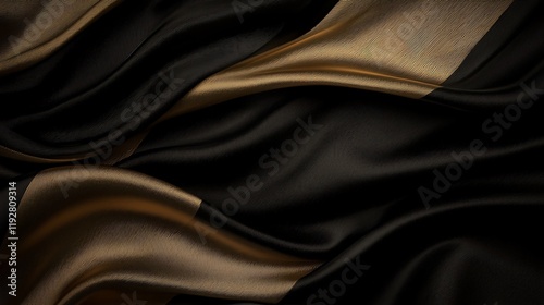 Elegant black and gold silk fabric draping softly, creating a luxurious background texture