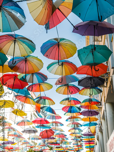 Colored umbrellas hanging between buildings. Decoration art of Colorful umbrella hanging, beautiful decoration for outdoor view and visitor.