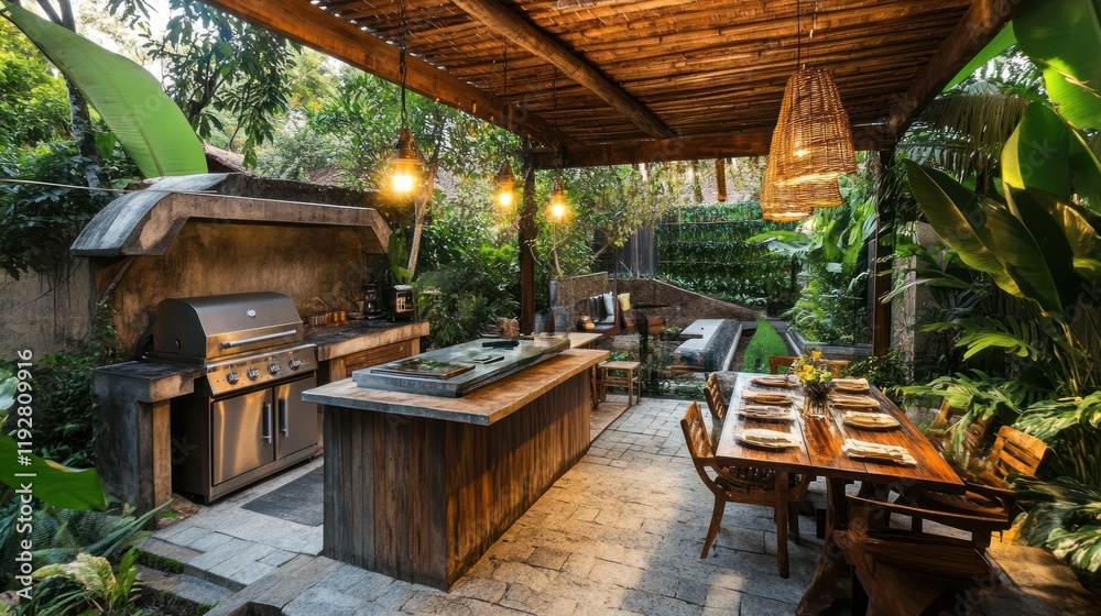 Fototapeta premium Outdoor Kitchen and Dining Oasis: A Tropical Backyard Paradise