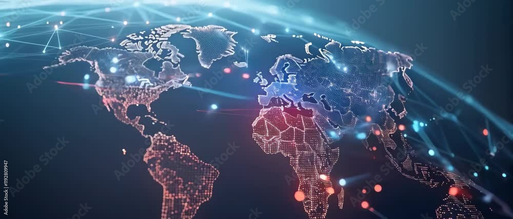 Anamorphic video digital world map with lines dots connections. World ...