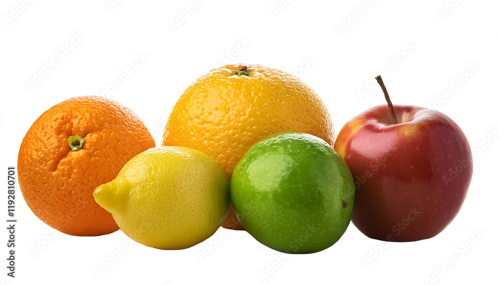 Apple, lemon, orange on a white surface, showcasing freshness and natural beauty. A perfect depiction of contrasting colors and detailed textures within healthy fruits. Isolated on white background