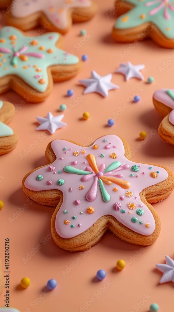 Freshly baked decorated cookies arranged on a pastel surface with colorful sprinkles and stars. Generative AI Freshly baked decorated cookies arranged on a pastel surface with colorful sprinkles and stars. Generative AI