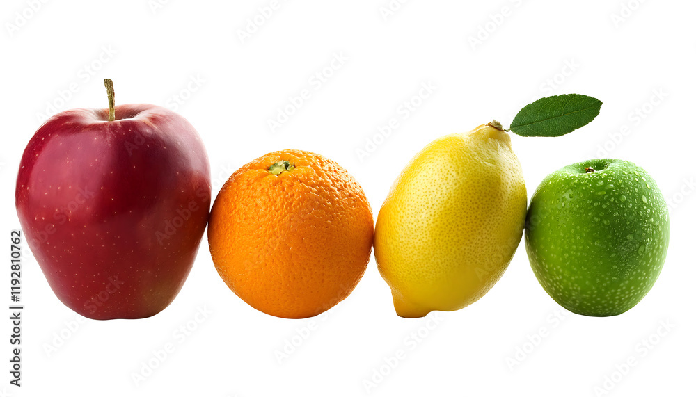 Apple, lemon, orange on a white surface, showcasing freshness and natural beauty. A perfect depiction of contrasting colors and detailed textures within healthy fruits. Isolated on white background Apple, lemon, orange on a white surface, showcasing freshness and natural beauty. A perfect depiction of contrasting colors and detailed textures within healthy fruits. Isolated on white background