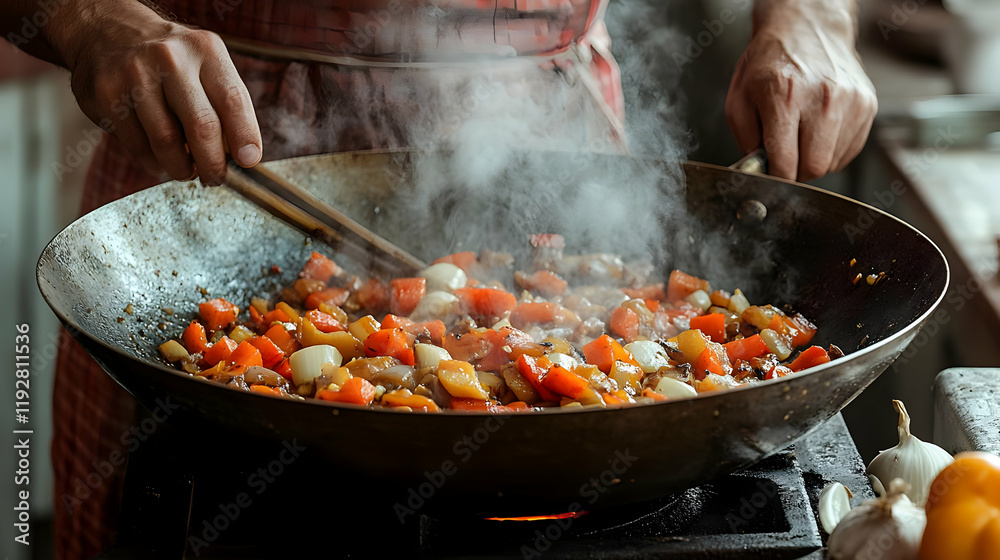 Chef Stir-frying Colorful Vegetables in a Hot Wok, Culinary Delights Chef Stir-frying Colorful Vegetables in a Hot Wok, Culinary Delights