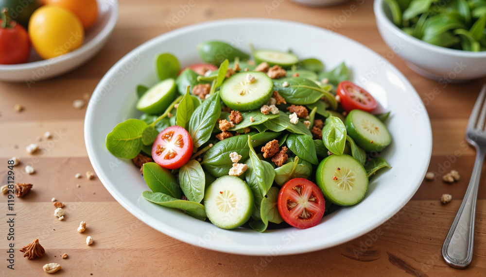 Healthy salad on a wooden table in bright daylight, weight loss concept Healthy salad on a wooden table in bright daylight, weight loss concept
