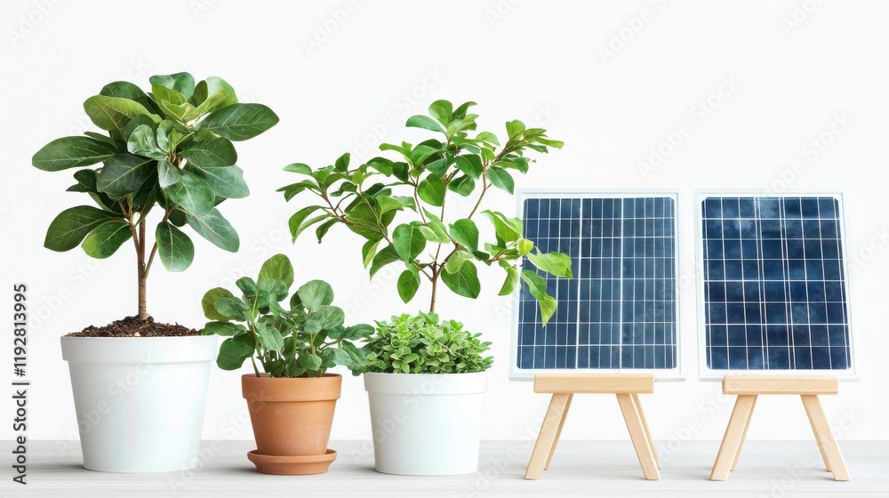 Obraz premium Renewable policy innovation strategy. Indoor plants beside solar panels in a bright, minimalist setting.