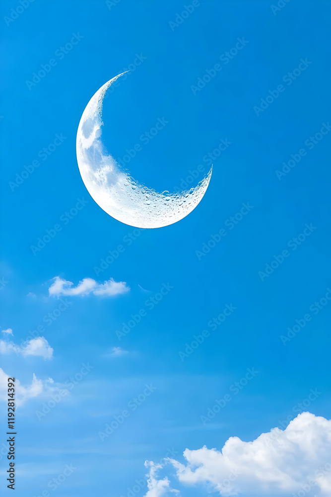 Crescent moon in a clear blue sky with fluffy white clouds; perfect for illustrating serenity, dreams, spirituality, or Islamic celebrations Crescent moon in a clear blue sky with fluffy white clouds; perfect for illustrating serenity, dreams, spirituality, or Islamic celebrations