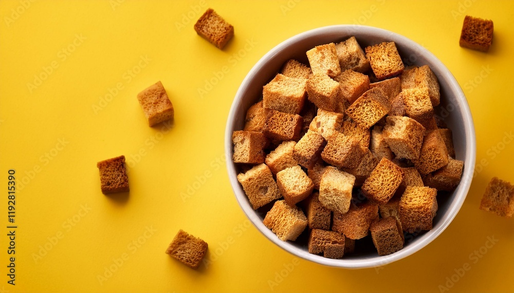 Crispy fried brown croutons for soup on yellow background Crispy fried brown croutons for soup on yellow background