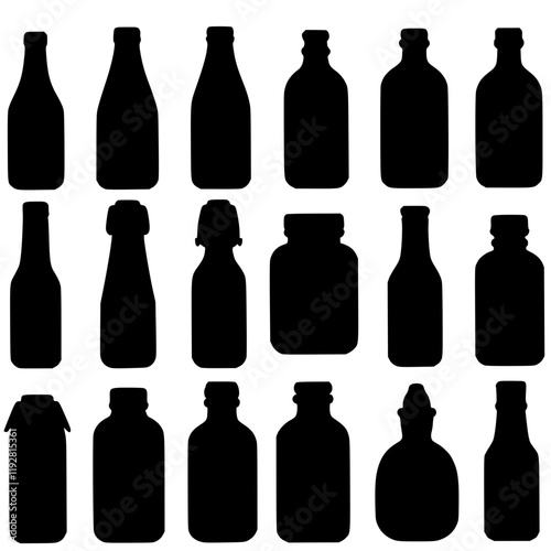 Silhouette of bottle, set of bottles on black 