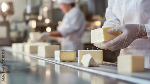 Modern Cheese Factory with Workers and Conveyor Belts photo